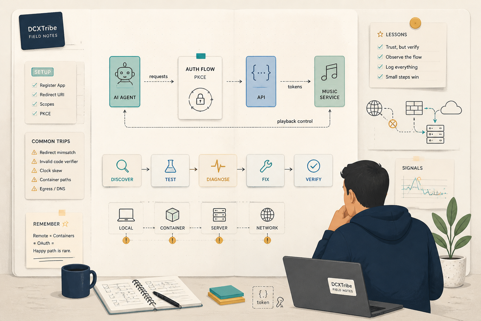 A technical diagram showing an AI agent icon connecting to a Spotify logo via a series of interconnected nodes representing OAuth, JSON, and API calls.