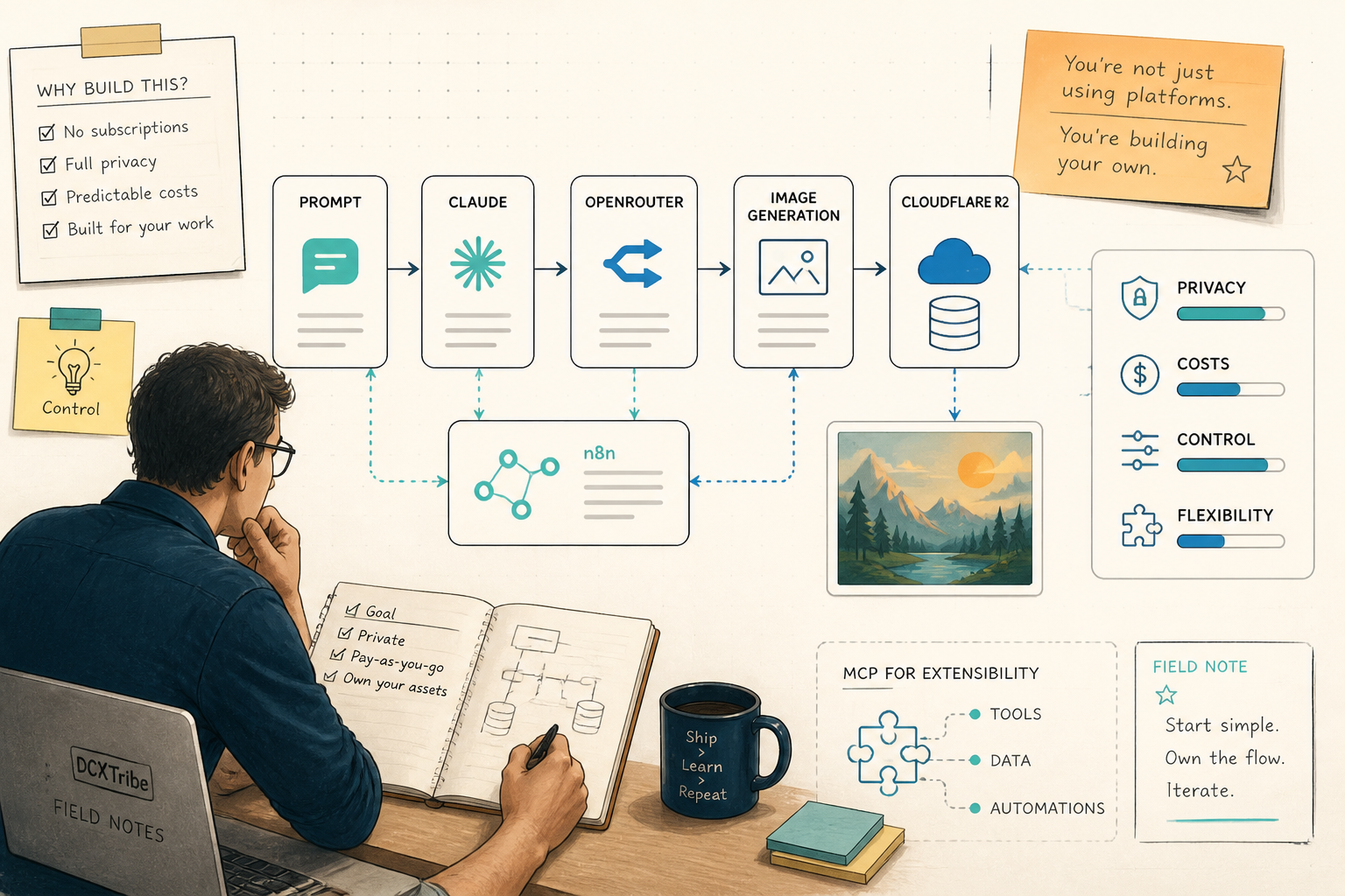 A technical schematic showing an AI brain connecting to a cloud storage bucket through architectural workflow nodes.