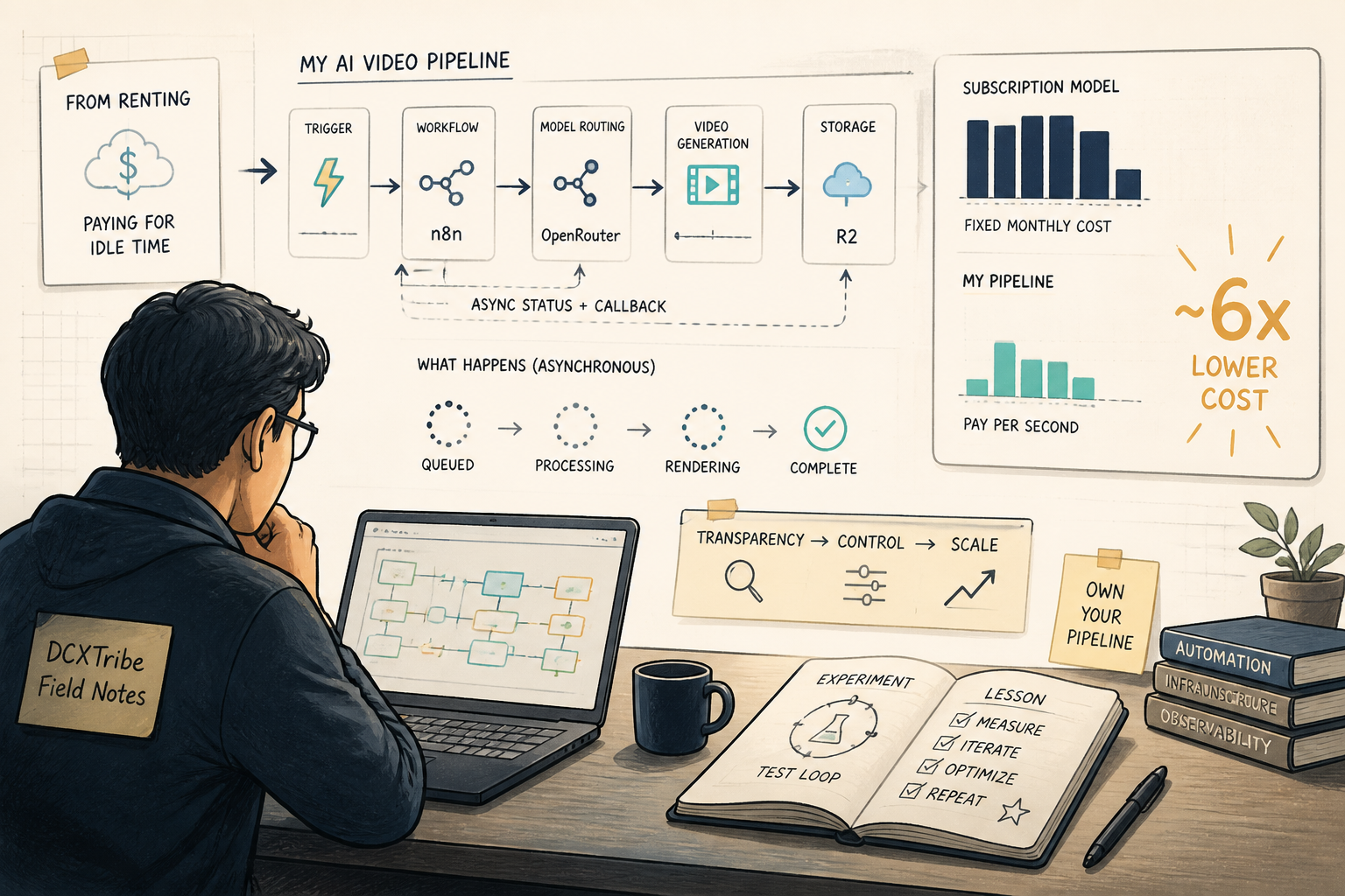 An editorial illustration showing a modular pipeline of nodes and wires connecting an AI video frame to a cloud storage bucket, with glowing price tags attached to different components.