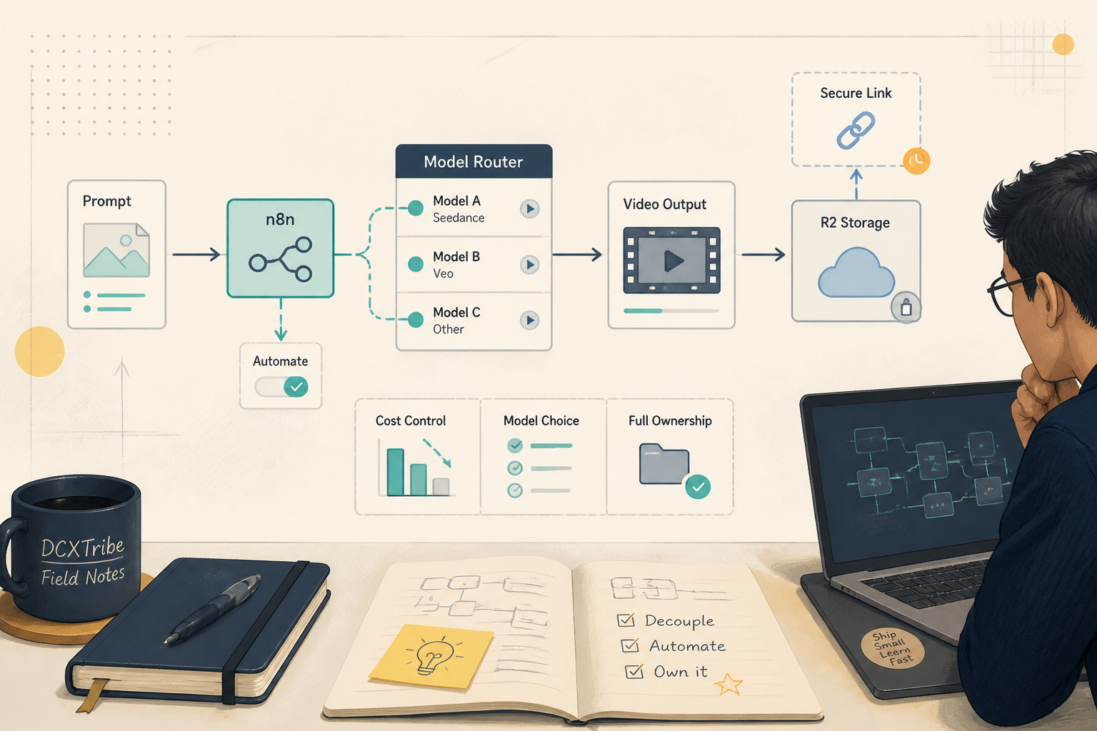 A sleek dashboard illustration showing a workflow connecting n8n, a video icon, and a cloud storage bucket.