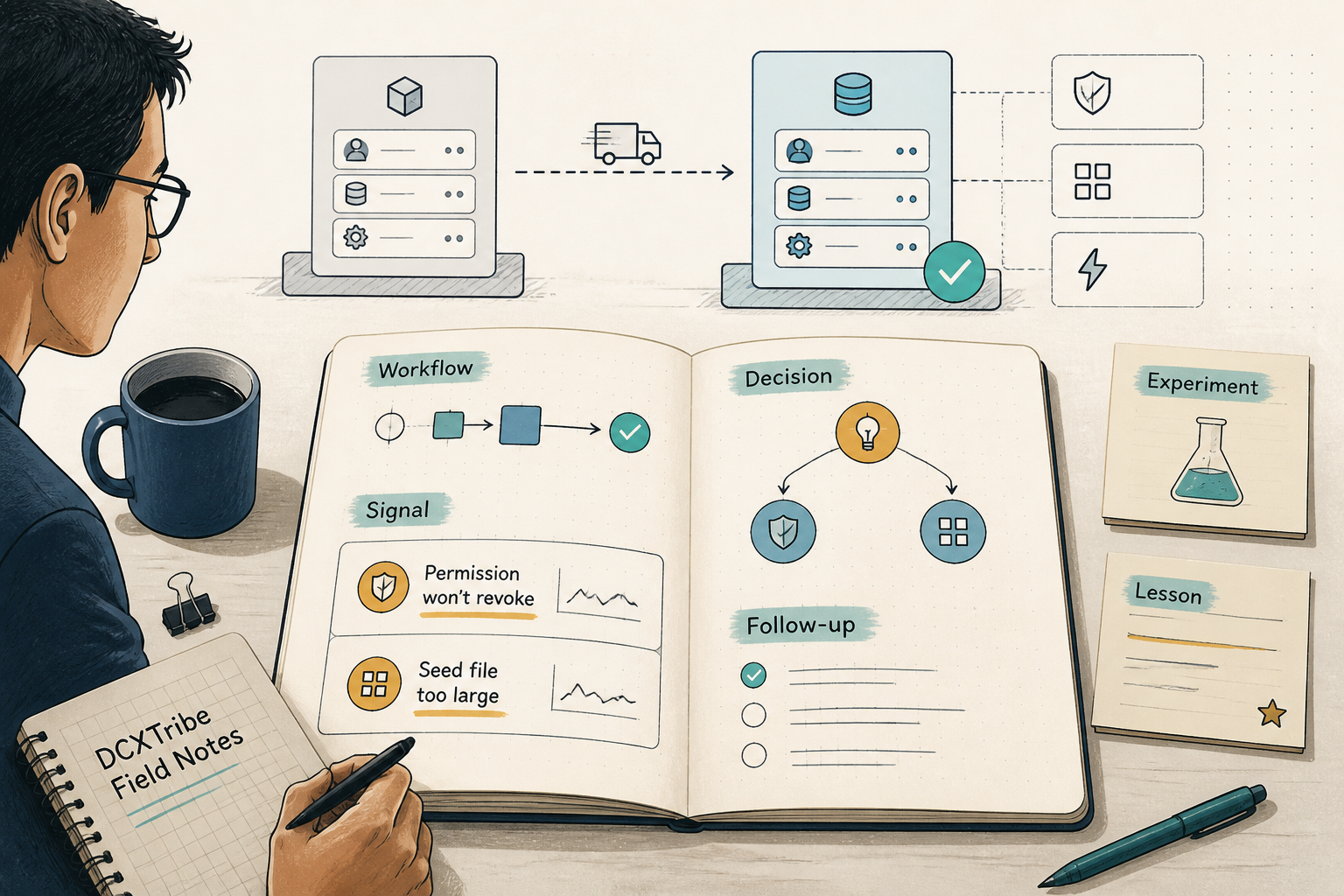A technical diagram showing a server migration from a bundled container to a distributed stack including Supabase, Cloudflare, and OpenRouter, with a focus on database security locks.