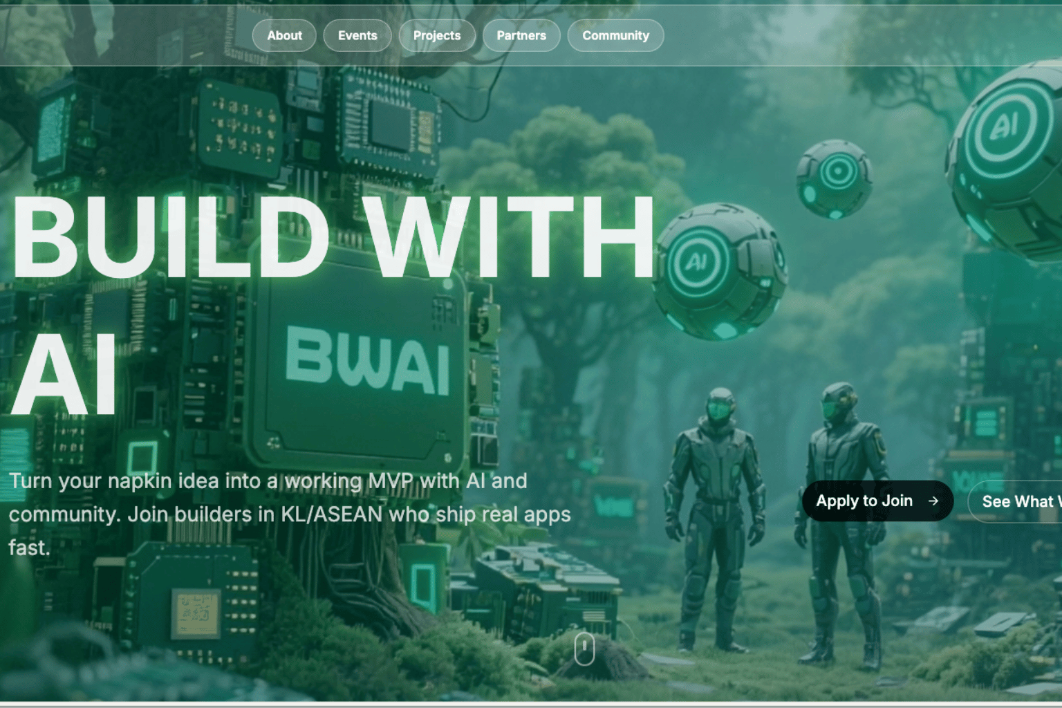A sleek, dark-themed UI mockup of a community landing page on a laptop screen, surrounded by glowing green code snippets and minimalist builder tools.